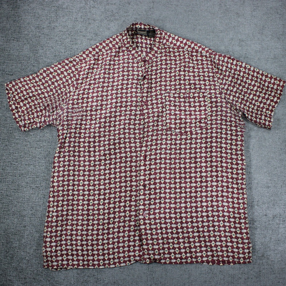 Personal Choice Mens 100% Silk Geometric Print Mandarin Collar Shirt XL Burgundy